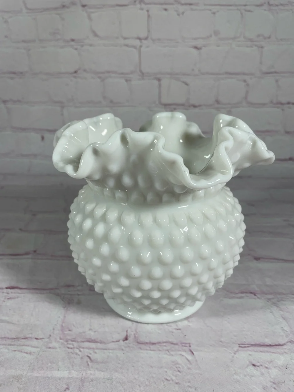 Vintage Fenton White Milk Glass Hobnail Ruffled Crimped Edge Vase 5.5”
